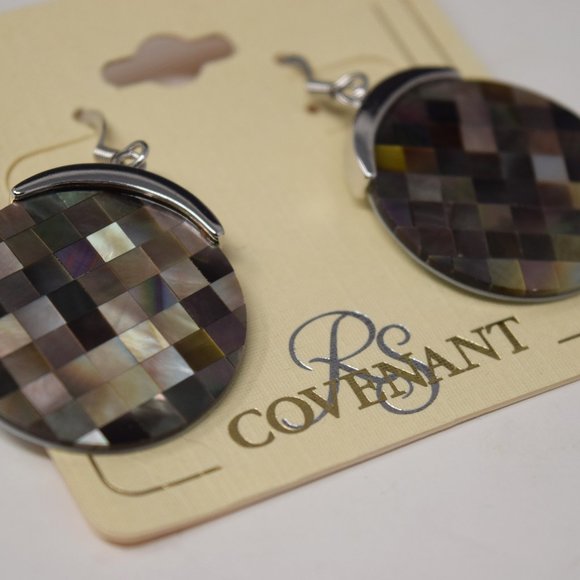 RS Covenant Mother of Pearl Earrings Black MOP Round Mosaic Dangle Drop New - Picture 3 of 8